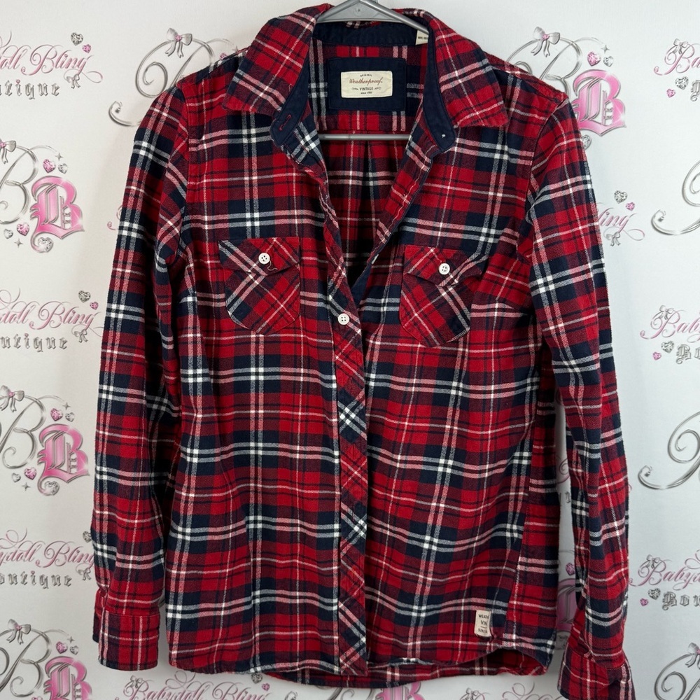Weatherproof Vintage button up shirt plaid striped Red and Navy Plaid Shirt